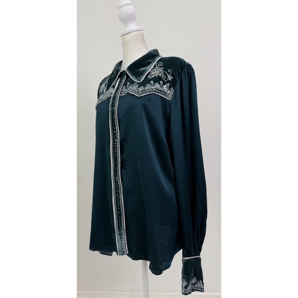 Vintage Shyanne Velvet Trim Embroidered Western Blouse XL Green Boho - Picture 2 of 9